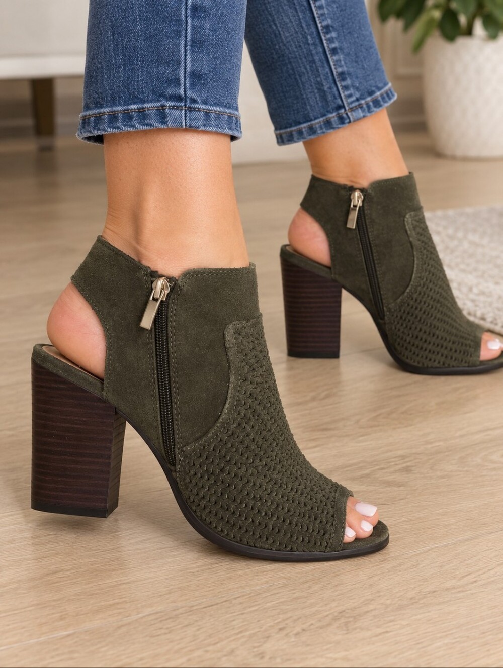 Olive Green Suede Peep-Toe Block Heel Sandal